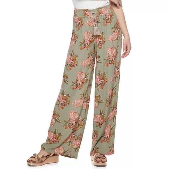 Mudd 🌻 Women's Floral Wide-Leg Pants Green Size M Casual Spring - Picture 1 of 5